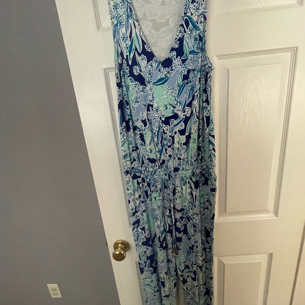 Lilly Pulitzer Jumpsuit in Blue and Green koala print.